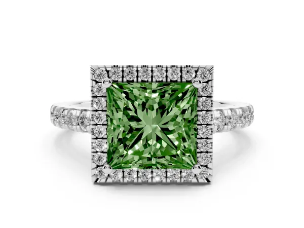 Fancy Green Princess Cut Diamond Halo Ring with Pavé Band and Four-Prong Setting White gold