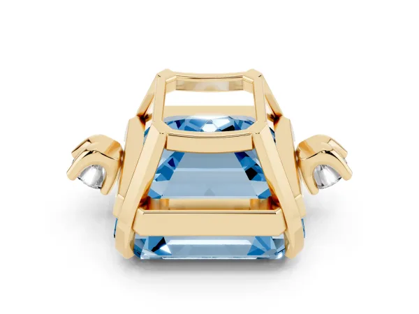 Fancy Blue Asscher Cut Cut Three-Stone Solitaire Ring with Round Accent Diamonds and Four-Prong Setting Yellow gold