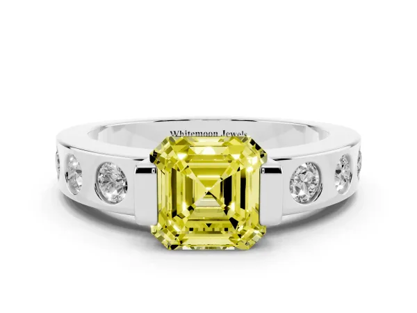 Fancy Yellow Asscher Cut Brilliant Channel-Set Diamond Ring with Bezel Prong Setting Platinum