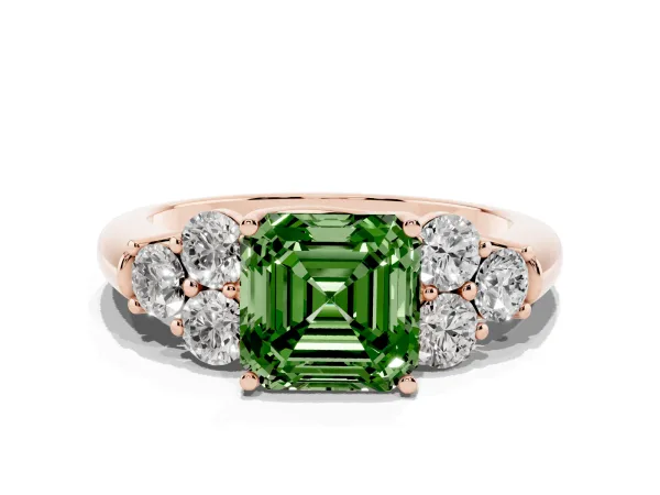 Fancy Green Asscher Cut Cut Diamond Cluster Ring with Round Accent Stones and Prong Setting on a Classic Band Rose gold