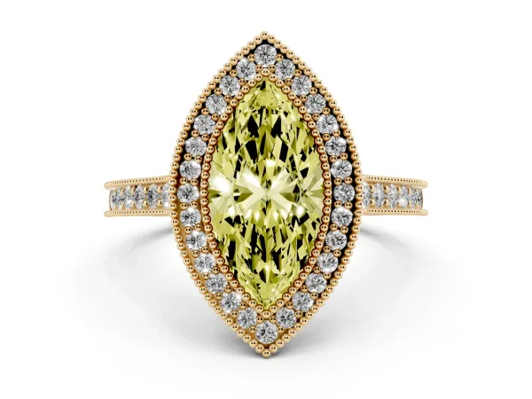 Fancy Yellow Halo Marquise Cut-Cut Diamond Pave Band Milgrain Prong Setting Ring Yellow gold