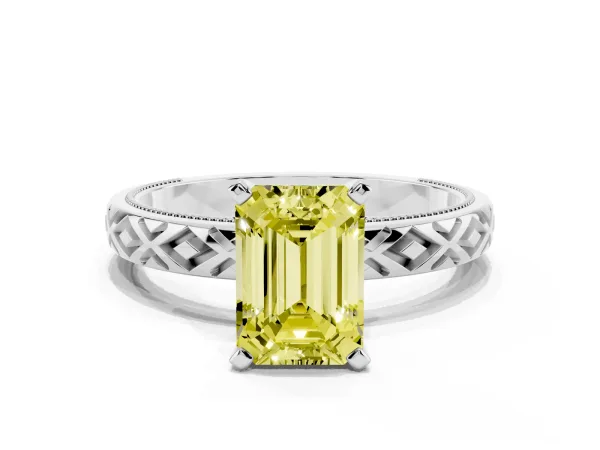 Fancy Yellow Emerald Cut Solitaire Diamond Ring with Milgrain and Black Enamel X Pattern Band White gold