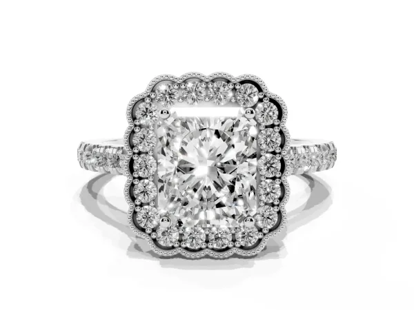 Radiant Cut Cut Diamond Milgrain Floral Halo Engagement Ring with Pavé Band White gold
