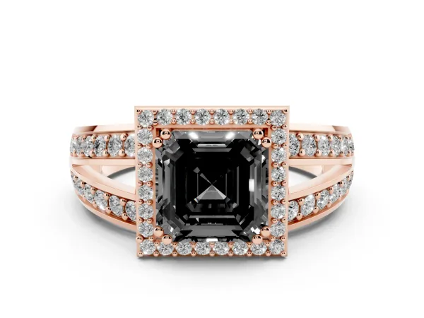 Fancy Black Asscher Cut Diamond Halo Ring with Split Shank Pavé Band and Four-Prong Setting Rose gold