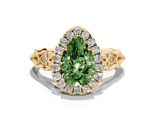 Fancy Green Pear Cut Halo Diamond Engagement Ring with Filigree Band and Four-Prong Setting Yellow gold