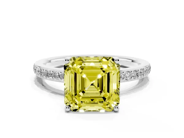 Fancy Yellow Asscher Cut Cut Diamond Pavé Band Ring with Four-Prong Setting White gold