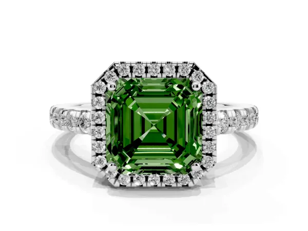 Fancy Green Asscher Cut Diamond Halo Ring with Pavé Band and Four-Prong Setting Platinum