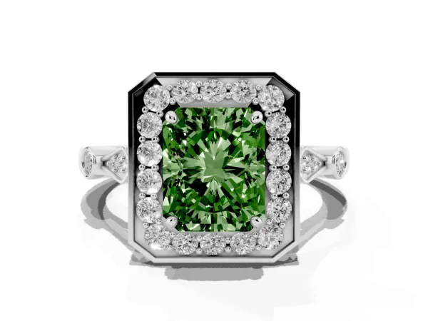 Fancy Green Radiant Cut Halo Diamond Engagement Ring with Twisted Band and Four-Prong Setting White gold