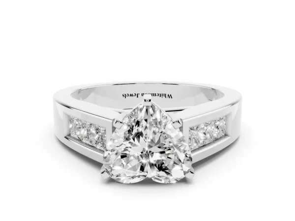 Heart Cut Cut Channel Set Solitaire Ring with Four-Prong Setting White gold