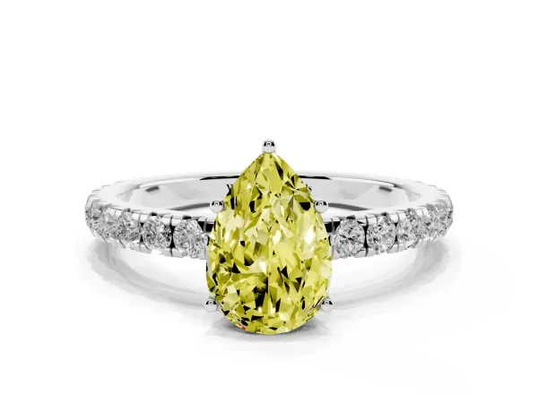 Fancy Yellow Pear Cut Diamond Pavé Solitaire Engagement Ring with Four-Prong Setting Platinum