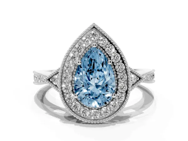 Fancy Blue Pear Cut Halo Round Diamond Milgrain Pave Engagement Ring White gold