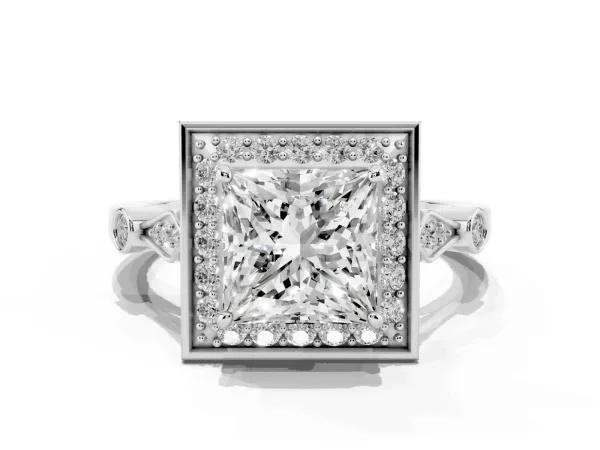 Princess Cut Halo Diamond Engagement Ring with Twisted Band and Four-Prong Setting Platinum