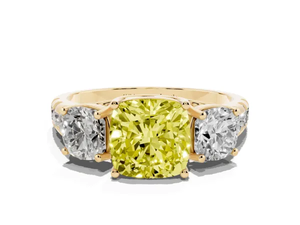 Fancy Yellow Three-Stone Cushion Cut Diamond Pavé Band with Prong Setting Yellow gold