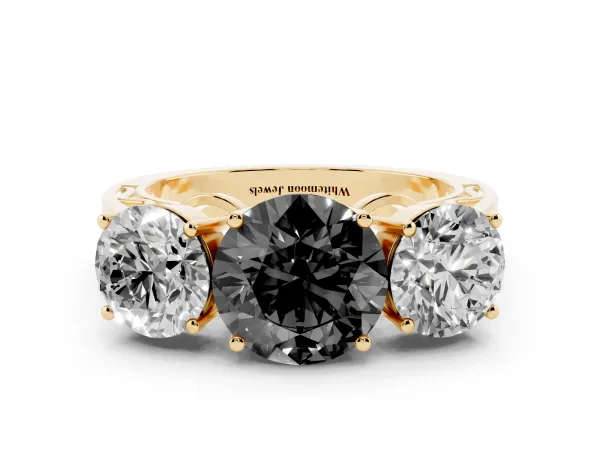 Fancy Black Round Cut Diamond Three-Stone Ring with Prong Setting and Textured Band Yellow gold