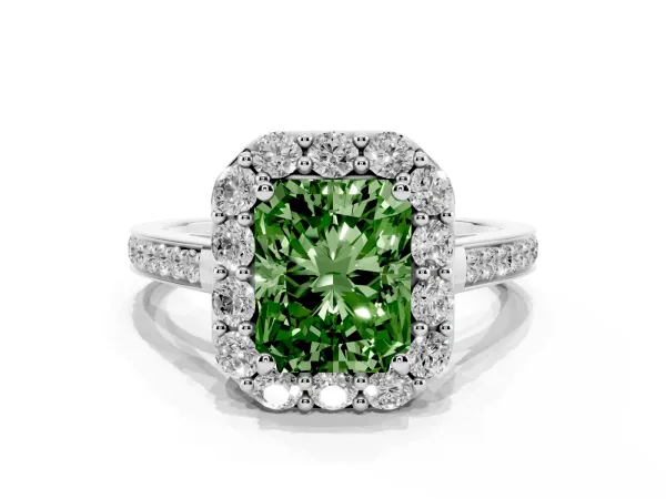 Fancy Green Radiant Cut Diamond Floral Halo Ring with Pavé Band and Prong Setting Platinum