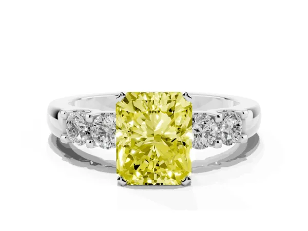Fancy Yellow Radiant Cut Brilliant Cut Diamond Five-Stone Prong Set Engagement Ring with Channel Band White gold