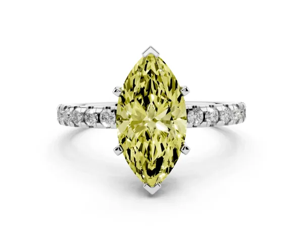 Fancy Yellow Marquise Cut Diamond Solitaire Ring with Round Pavé Band and Four-Prong Setting White gold