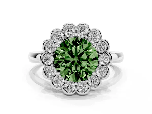Fancy Green Round Cut Halo Cluster Diamond Engagement Ring with Solitaire Band and Prong Setting White gold