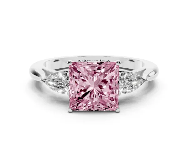Fancy Pink Three-Stone Princess Cut Brilliant Diamond Solitaire Ring with Tapered Band and Four-Prong Setting Platinum