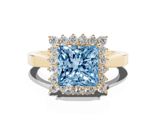 Fancy Blue Princess Cut Cut Diamond Halo Ring with Round Brilliant Halo and Solitaire Band Yellow gold