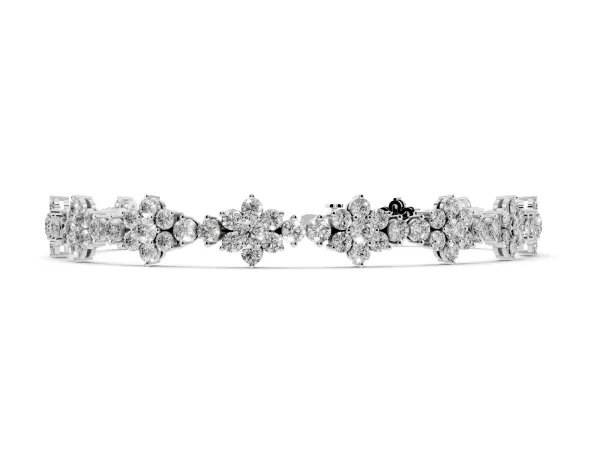 Round Diamond Floral Cluster Tennis Bracelet with Prong Setting White gold