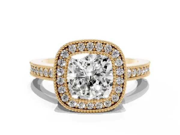 Cushion Cut-Cut Diamond Halo Engagement Ring with Pave Band and Prong Setting Yellow gold