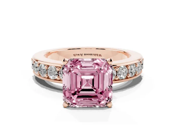 Fancy Pink Asscher Cut Diamond Engagement Ring with Channel Set Round Band and Prong Setting Rose gold