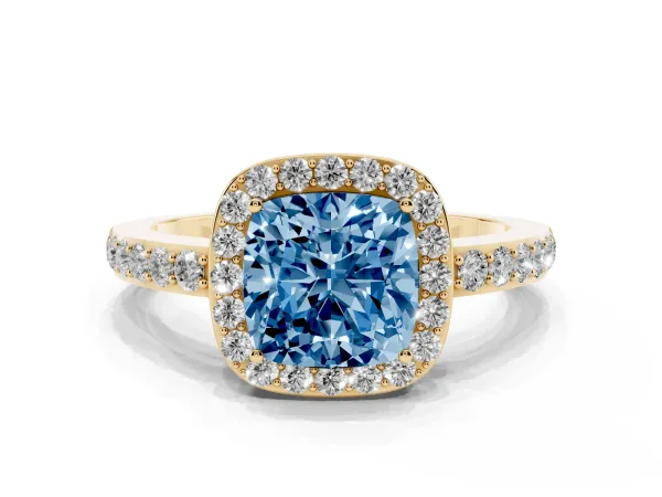 Fancy Blue Cushion Cut Halo Diamond Pavé Band Ring with Prong Setting Yellow gold