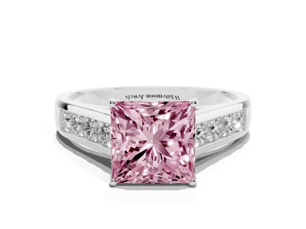 Fancy Pink Princess Cut Brilliant Channel-Set Solitaire Ring with Four-Prong Setting Platinum