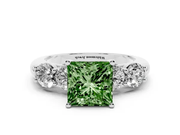 Fancy Green Princess Cut Cut Five-Stone Prong Set Diamond Ring with Classic Band White gold