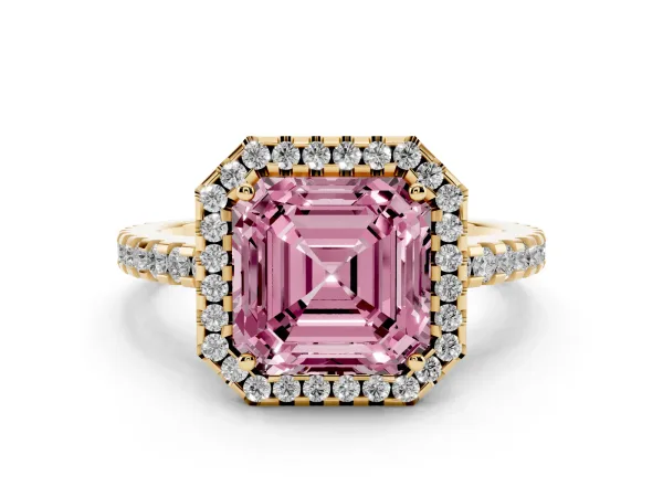 Fancy Pink Asscher Cut Diamond Halo Engagement Ring with Pavé Band and Prong Setting Yellow gold