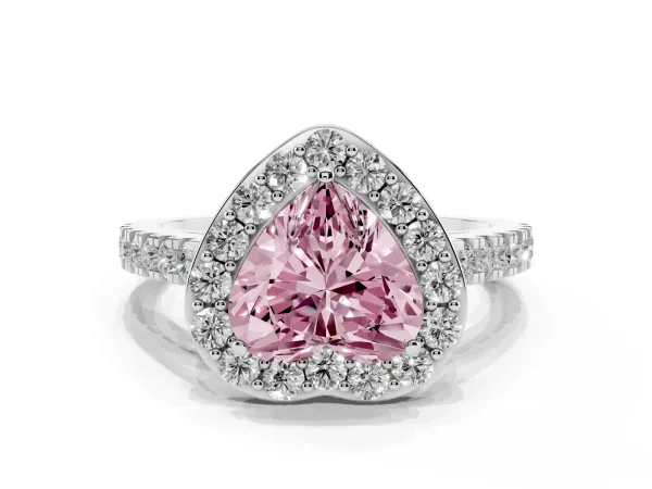 Fancy Pink Heart Cut Diamond Halo Ring with Round Pavé Split Shank and Prong Setting Platinum