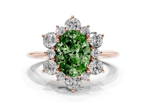 Fancy Green Oval Cut Diamond Cluster Halo Ring with Solitaire Band and Four-Prong Setting Rose gold
