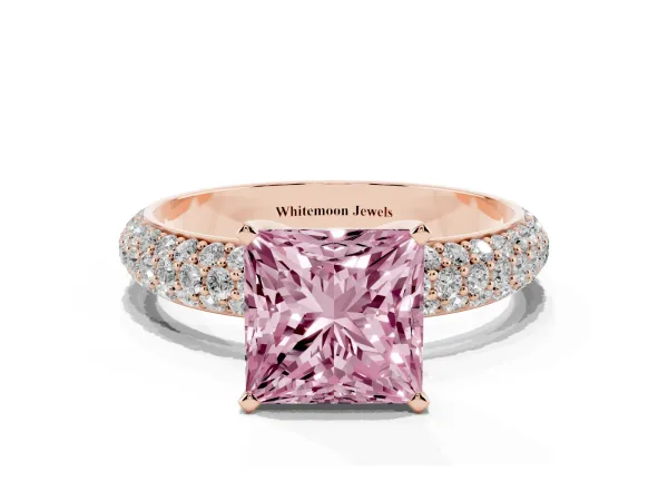 Fancy Pink Princess Cut Diamond Solitaire Ring with Prong Setting and Pavé Band Rose gold