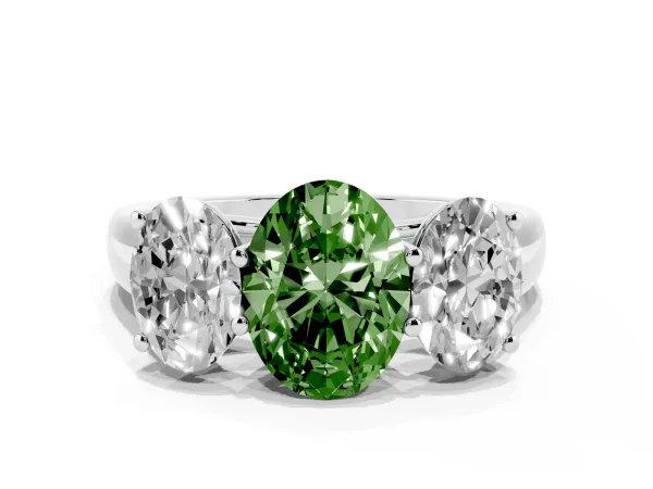 Fancy Green Oval Cut Three-Stone Diamond Ring with Prong Setting on a Classic Band White gold