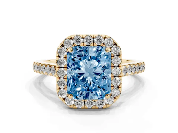 Fancy Blue Radiant Cut Halo Pave Diamond Engagement Ring with Four-Prong Setting Yellow gold