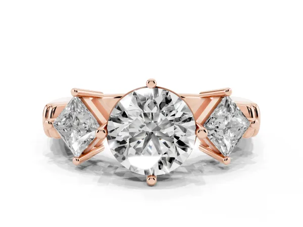 Three-Stone Round Cut and Princess Cut Diamond Ring with Channel Band and Four-Prong Setting Rose gold