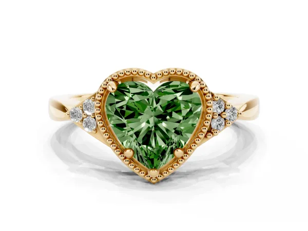 Fancy Green Heart Cut Diamond Halo Ring with Tapered Band and Four-Prong Setting Yellow gold