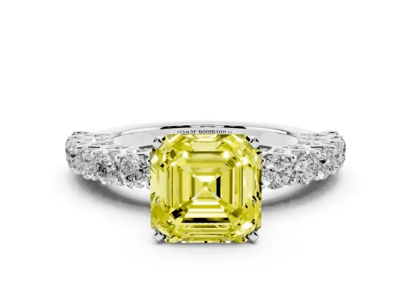 Fancy Yellow Asscher Cut Diamond Solitaire Ring with Shared Prong Pavé Band and Four-Prong Setting White gold