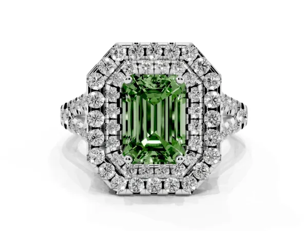 Fancy Green Double Halo Emerald Cut Diamond Pavé Split Shank Ring with Prong Setting White gold