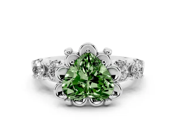 Fancy Green Heart Cut Cut Diamond Floral Halo Engagement Ring with Shared Prong Setting White gold