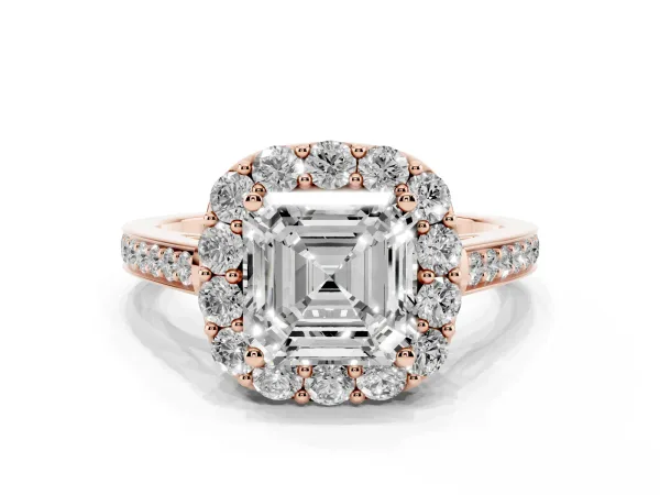 Asscher Cut Diamond Floral Halo Ring with Pavé Band and Prong Setting Rose gold