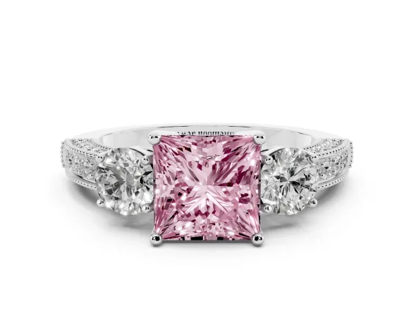 Fancy Pink Princess Cut Three-Stone Diamond Ring with Pavé Band and Four-Prong Setting White gold