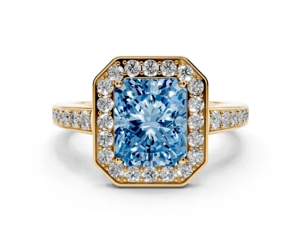 Fancy Blue Radiant Cut Halo Pavé Diamond Engagement Ring with Bezel Setting Yellow gold