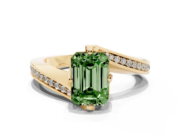 Fancy Green Emerald Cut Solitaire Diamond Twist Band with Pavé Setting and Four-Prong Setting Yellow gold