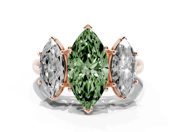 Fancy Green Three-Stone Marquise Cut Diamond Engagement Ring with Prong Setting Rose gold