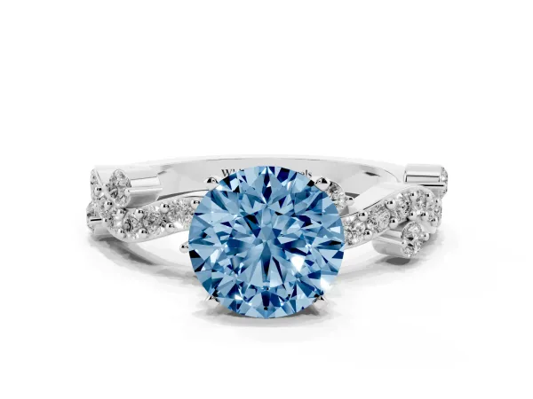 Fancy Blue Round Cut Cut Solitaire Diamond Twisted Band with Pave Setting White gold