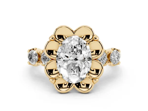 Oval Cut Cut Diamond Floral Halo Engagement Ring with Shared Prong Setting Yellow gold