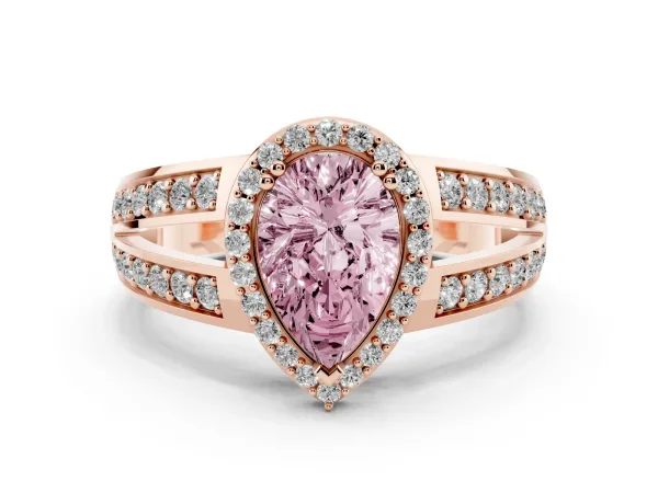 Fancy Pink Pear Cut Diamond Halo Ring with Split Shank Pavé Band and Four-Prong Setting Rose gold
