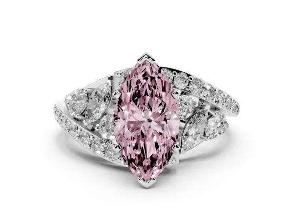Fancy Pink Marquise Cut Diamond Halo Ring with Marquise and Pavé Band in Prong Setting White gold